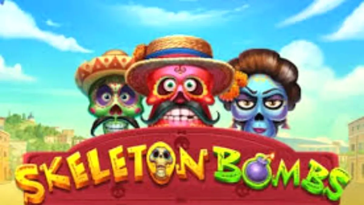Cena vibrante e colorida do slot Skeleton Bombs com caveiras mexicanas e símbolos festivos.