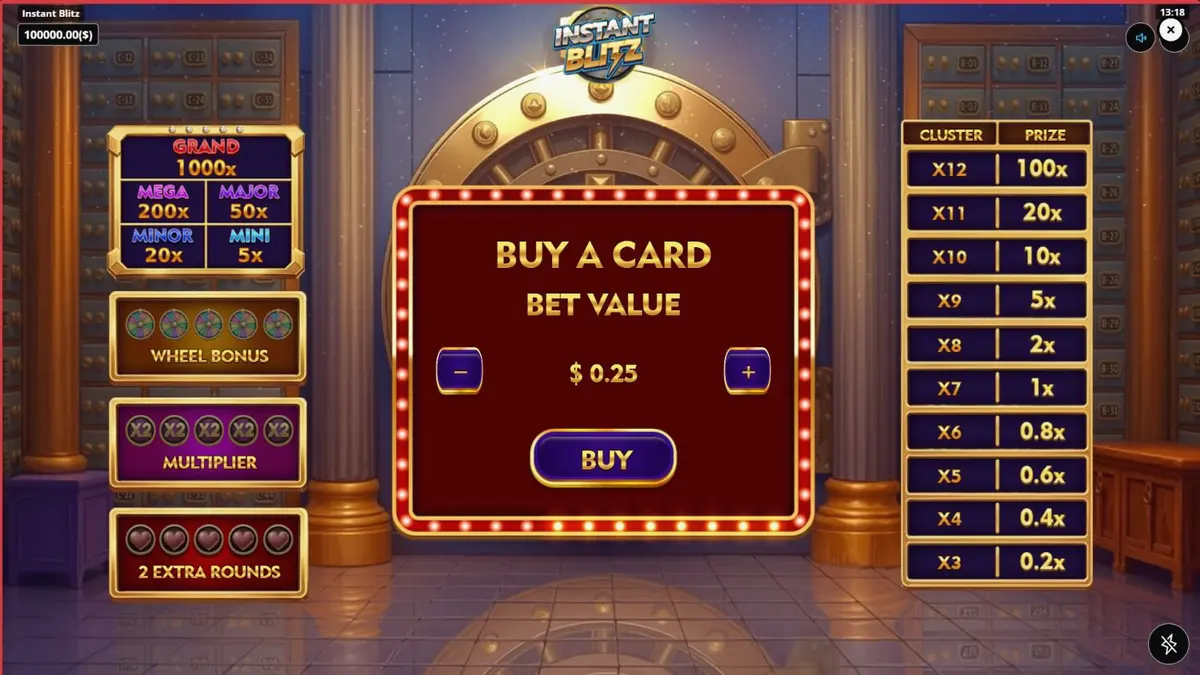 Interface do jogo Instant Blitz em um smartphone moderno exibindo o cofre de neon
